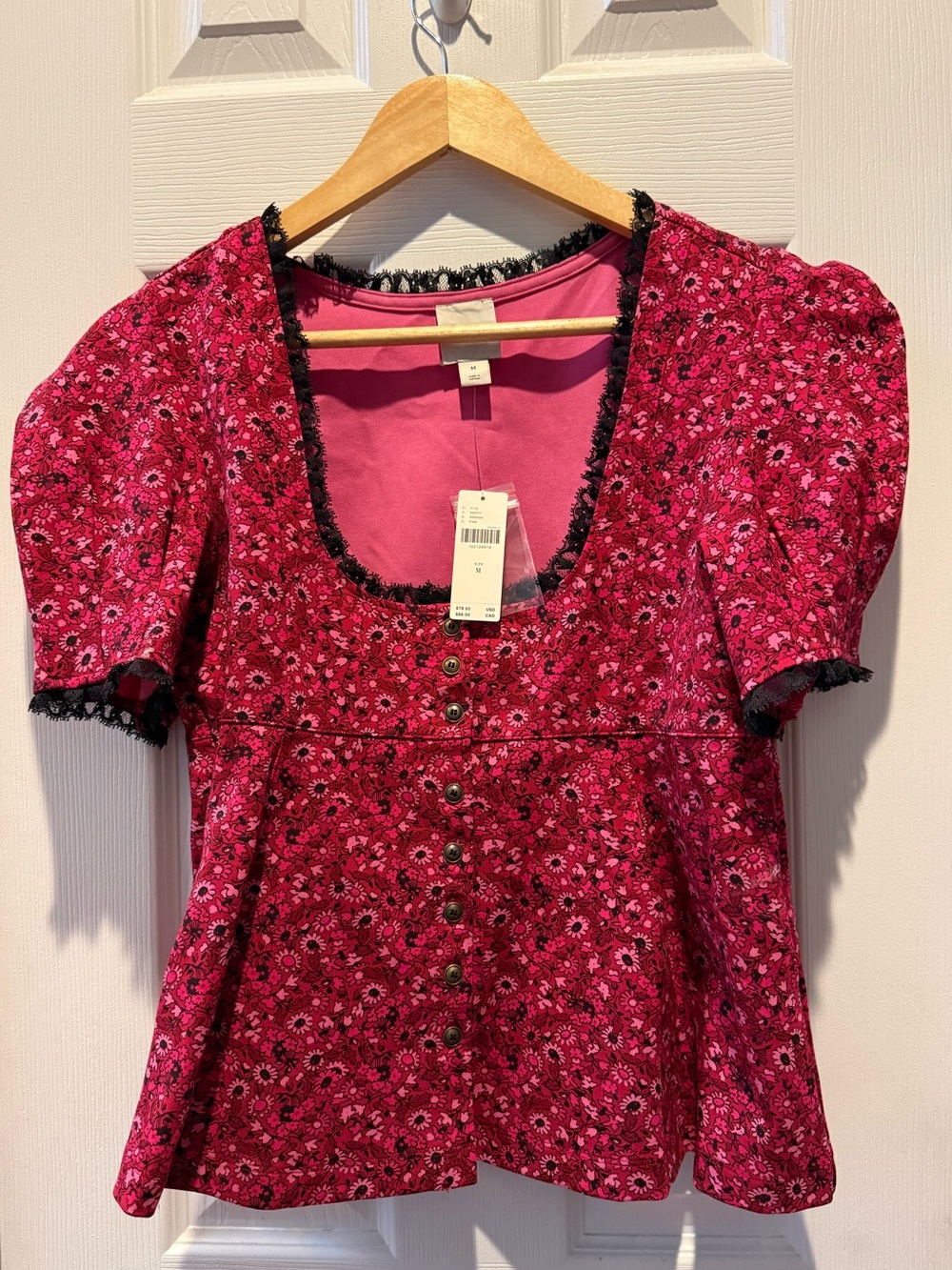 Maeve Pink Floral Scoop-Neck Blouse with Black Lace Trim - Picture 1 of 4